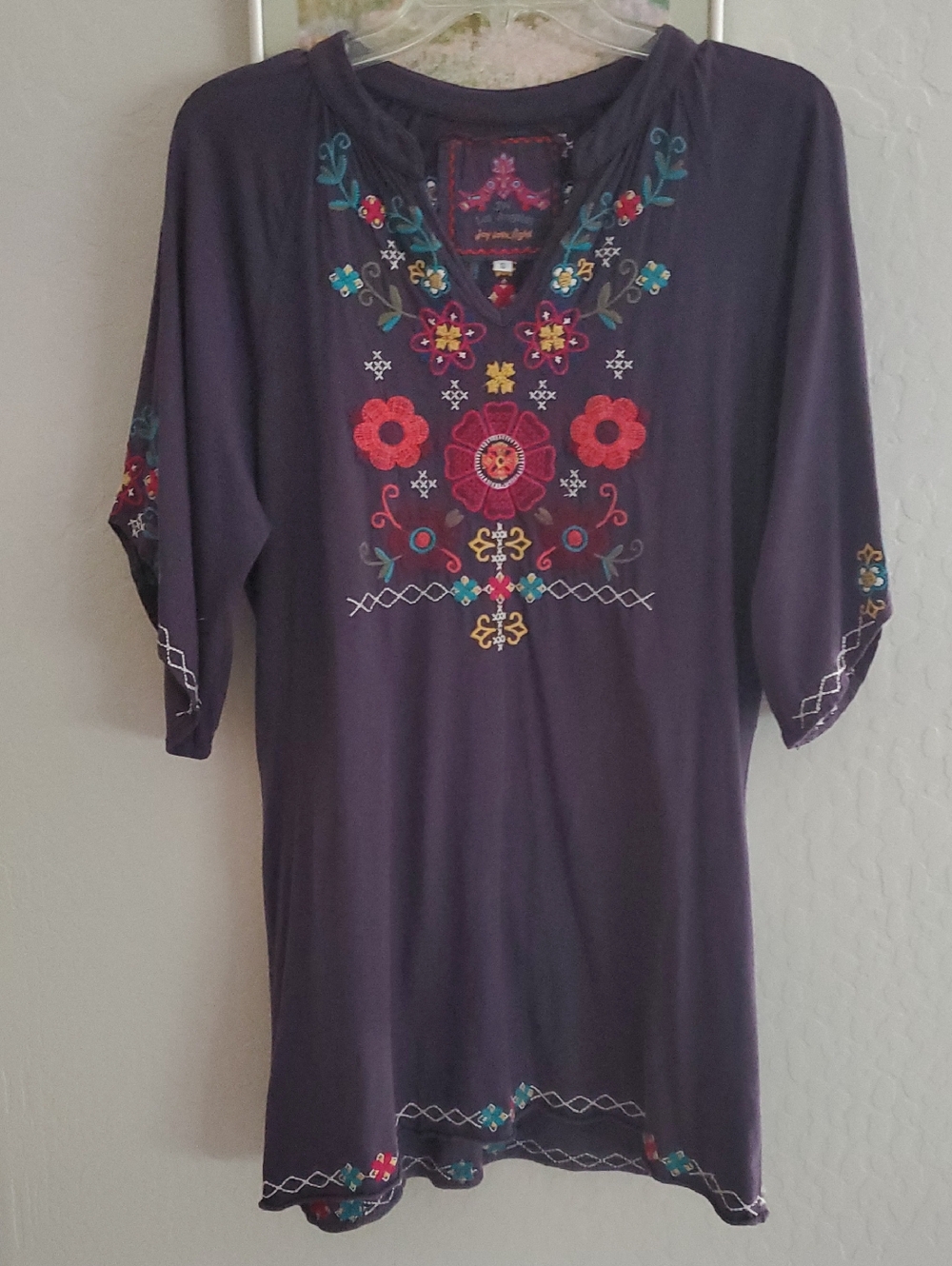 Johnny Was Embroidered Purple Bohemian Tunic Top